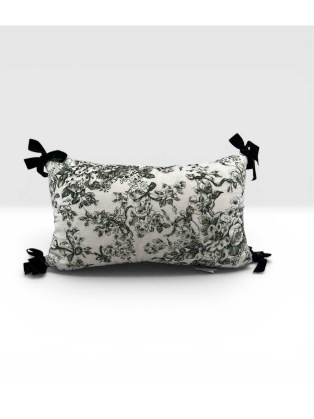 Elegant Velvet Green Bow Ties Floral Toile Lumbar Pillow 14x24” Laura Ashley